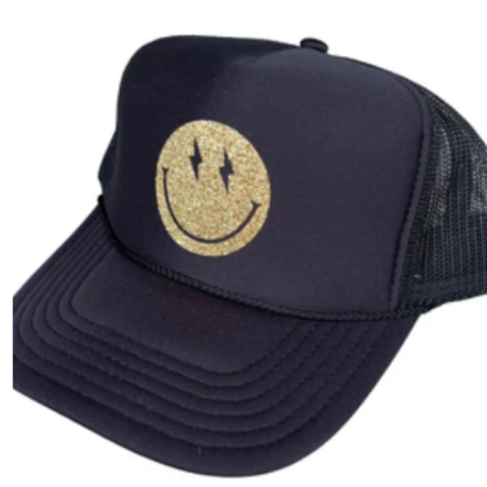Gold Glitter Smiley Face Black Trucker Hat - BRAND NEW Snap Back